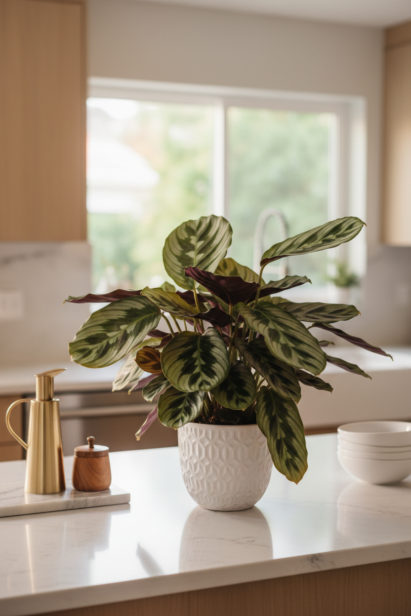 Calathea 'Beauty Star on a beautiful kitchen counter