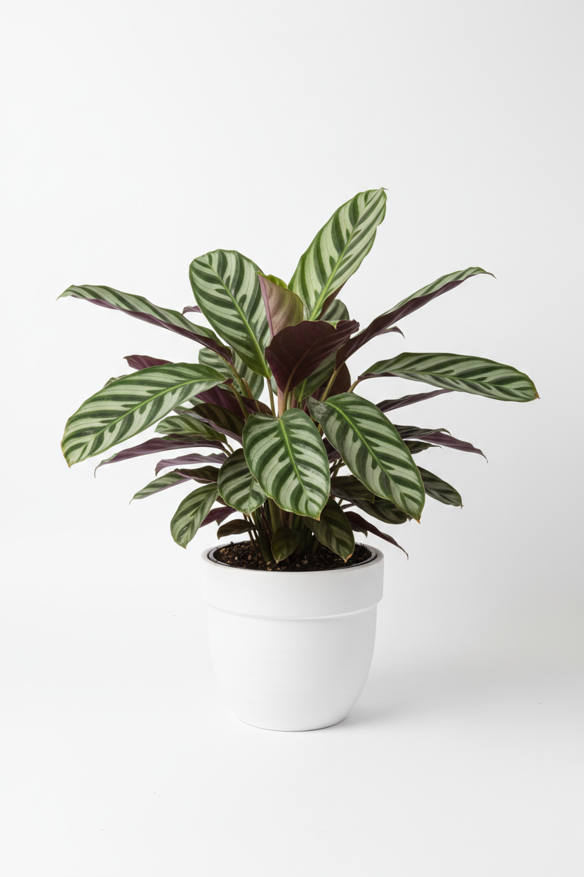 A potted Calathea Ornata plant with green and white striped leaves and dark burgundy undersides, in a white ceramic pot against a clean white background.