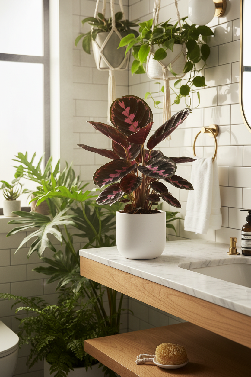 A potted Calathea plant with dark burgundy and pink patterned leaves in a white ceramic pot, displayed on a wooden bathroom vanity with a marble countertop.