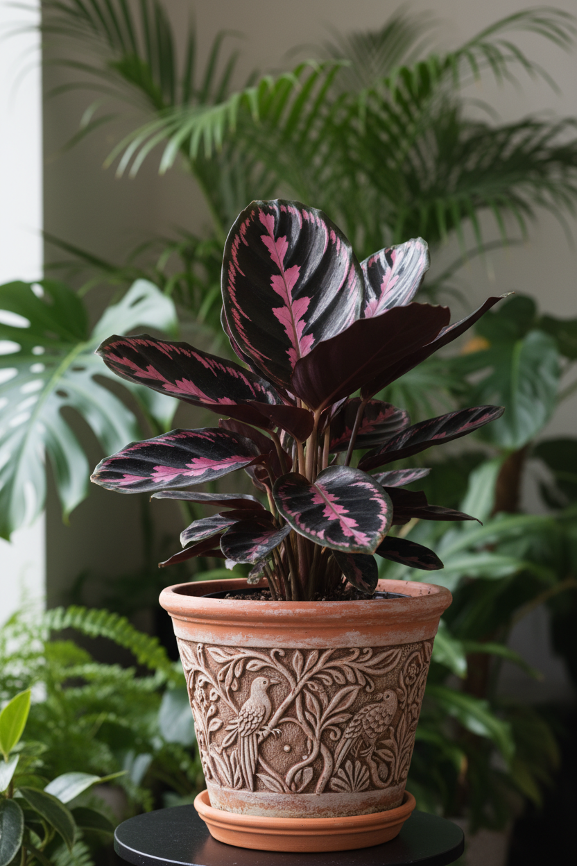 A Calathea Ornata plant with dark burgundy and pink variegated leaves, potted in a terracotta-colored ceramic pot with bird carvings, set against a background of lush green houseplants.