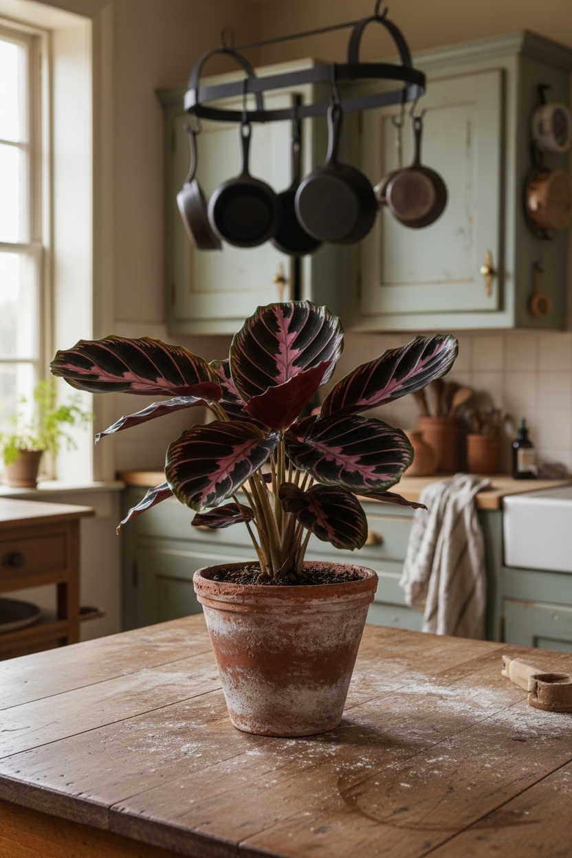A potted Calathea plant with dark burgundy and pink variegated leaves in a rustic terracotta pot, placed on a wooden table in a softly lit kitchen setting.