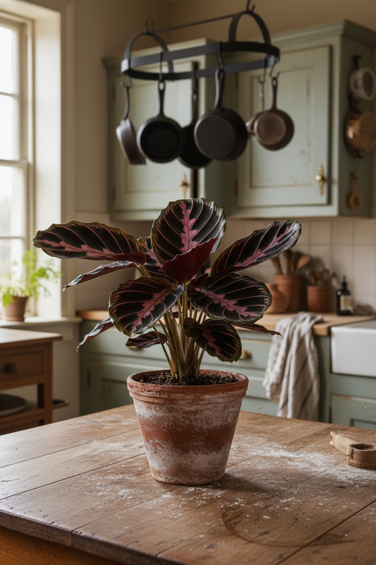 A potted Calathea plant with dark burgundy and pink variegated leaves in a rustic terracotta pot, placed on a wooden table in a softly lit kitchen setting.