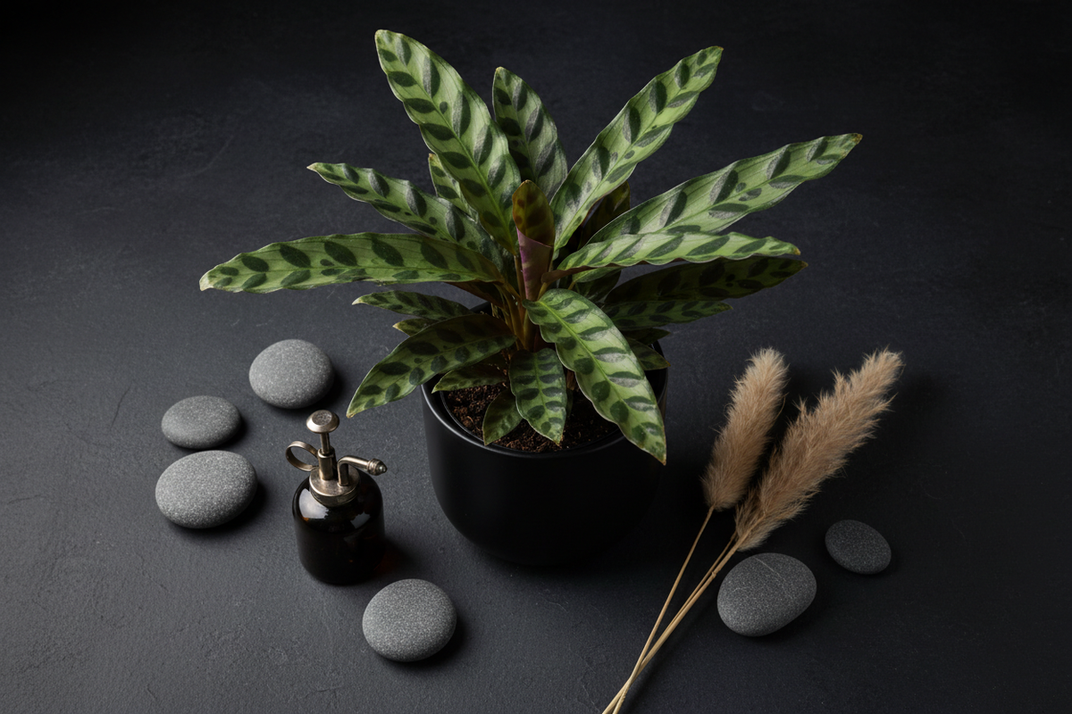 Calathea Rattlesnake – dark flat lay editorial