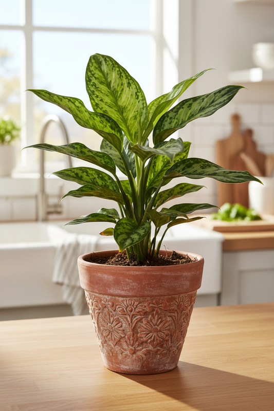 A green and silver variegated houseplant in a textured terracotta pot, placed on a wooden table in a bright, modern kitchen setting.