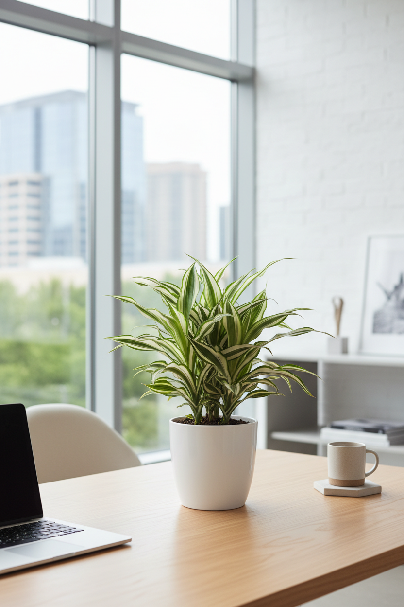 A potted variegated spider plant on a light wood desk in a bright, modern home office setting with a window, laptop, and coffee cup.