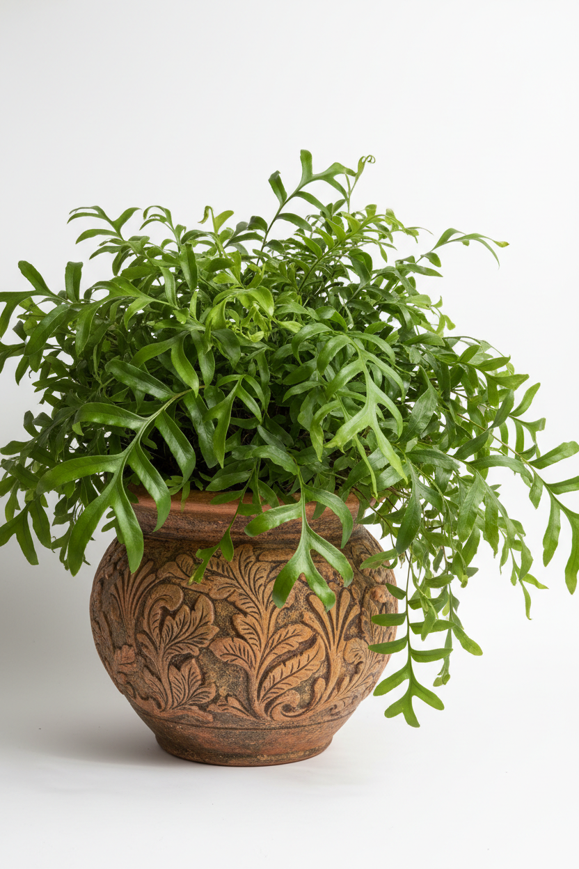 A lush green fern plant in a decorative brown terracotta pot with carved leaf patterns, set against a plain white background.
