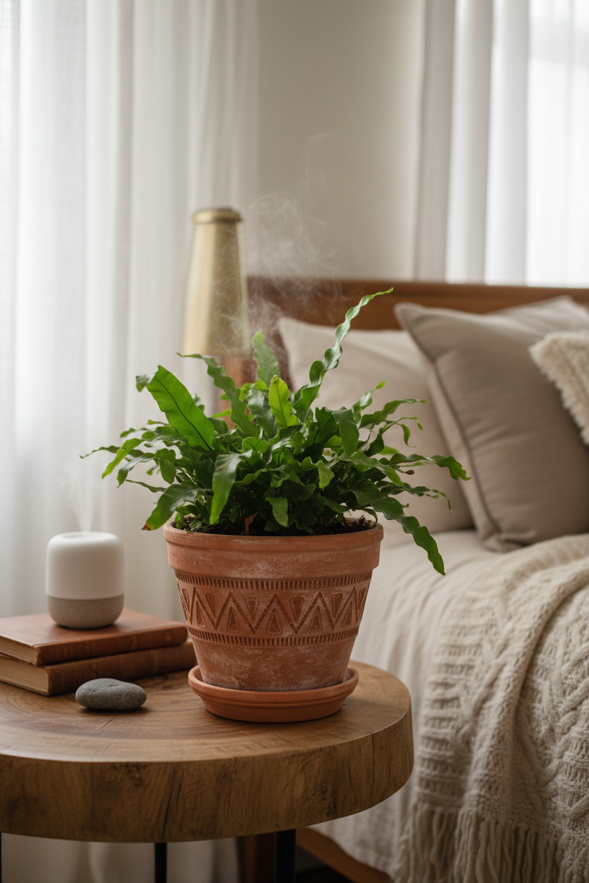 A potted green fern in a terracotta pot sitting on a round wooden bedside table next to a bed with beige pillows and a cream blanket.