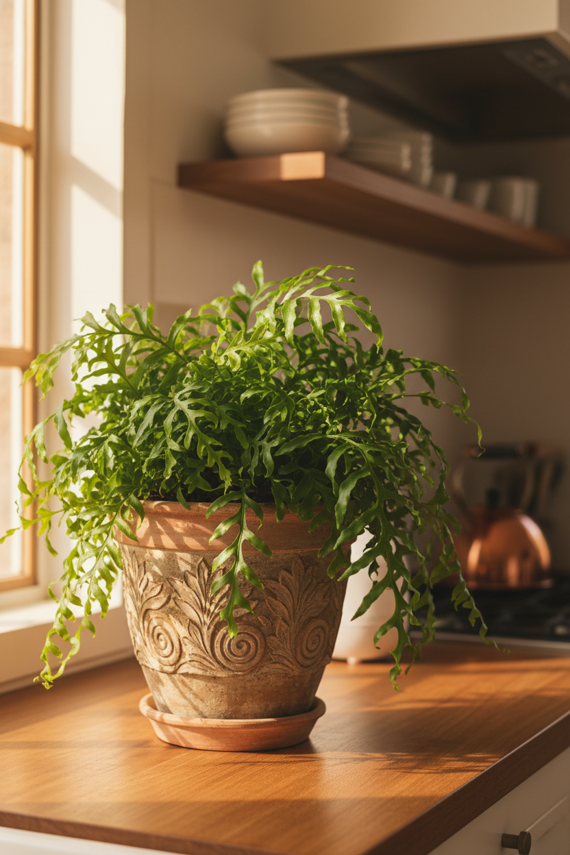 A lush green fern plant in a decorative terracotta pot with a matching saucer, placed on a wooden kitchen counter in warm natural sunlight.