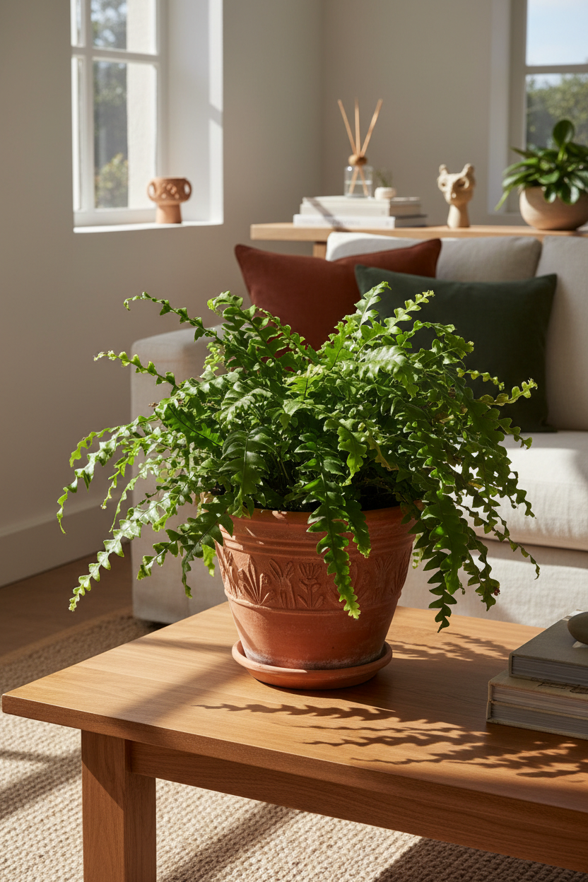 A potted green fern plant in a terracotta-colored pot, placed on a wooden coffee table in a bright, modern living room.