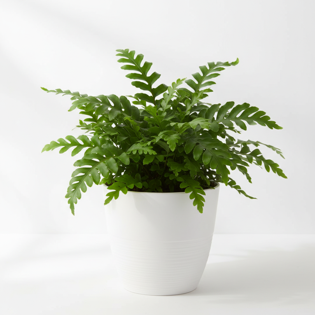 A green potted fern in a white textured ceramic pot, photographed against a clean white background.