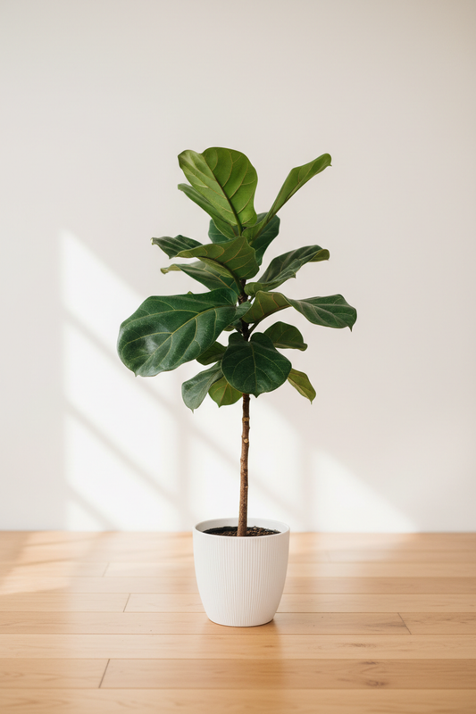 Ficus Lyrata Fiddle Leaf Fig in a white nursery pot with large violin-shaped deep glossy green leaves with prominent veining on a natural wood surface in soft natural light