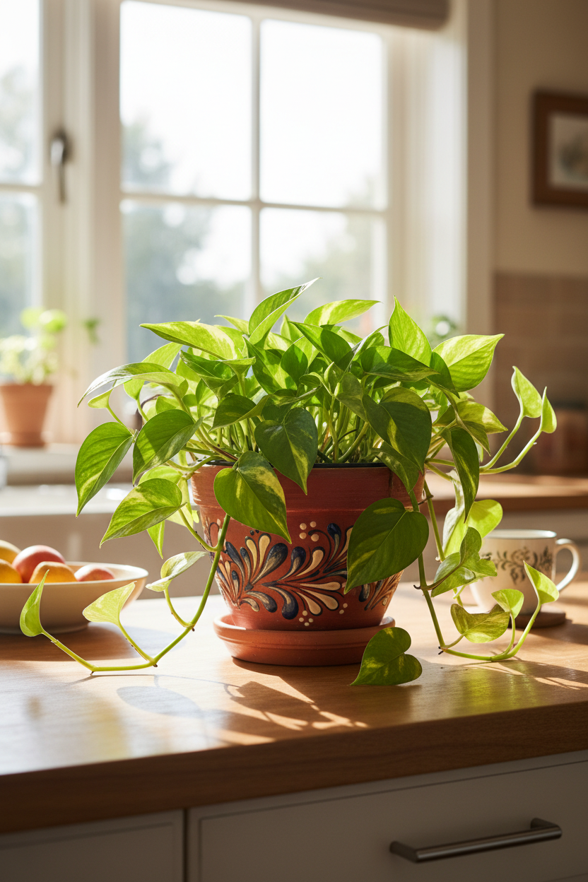 A vibrant green pothos plant in a terracotta pot with a colorful floral pattern, sitting on a wooden kitchen counter in front of a bright window.