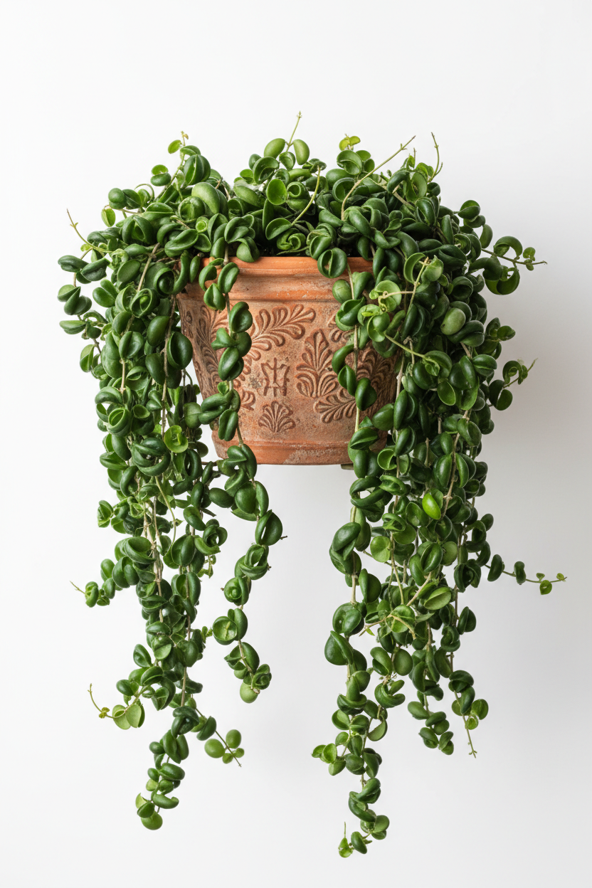 A trailing green houseplant with many small oval leaves hanging from a terracotta-colored decorative pot against a plain white background.