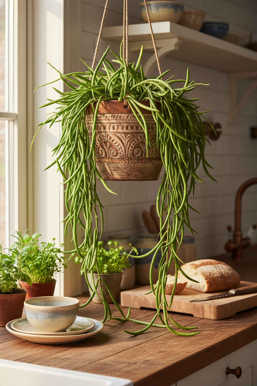 A green trailing houseplant in a brown patterned hanging pot suspended over a rustic kitchen counter with bread, bowls, and small potted plants.