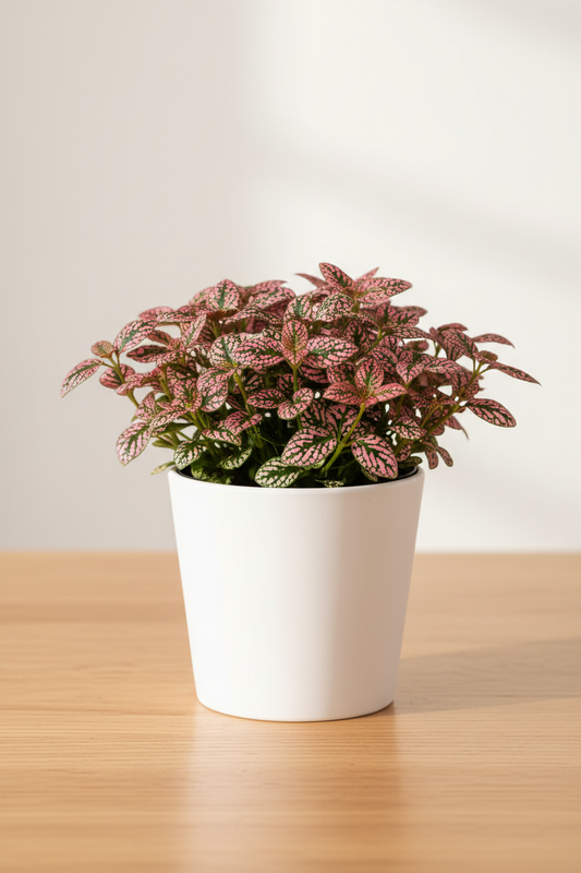 Hypoestes Polka Dot plant in a white nursery pot with small oval leaves splashed in vivid pink spots on dark green on a natural wood surface in soft natural light