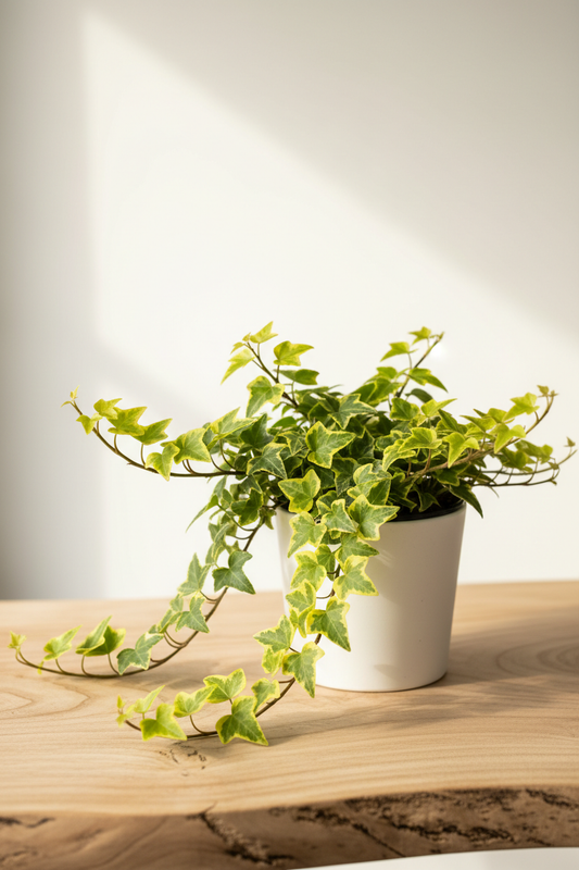 English Ivy Gold Child in a white nursery pot with small lobed golden yellow and green variegated leaves trailing naturally on a wood surface in soft natural light
