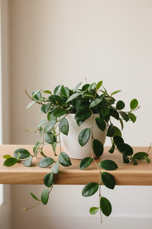 Hoya Carnosa wax plant in a white nursery pot with thick waxy oval dark green leaves on trailing vines on a natural wood surface in soft natural light