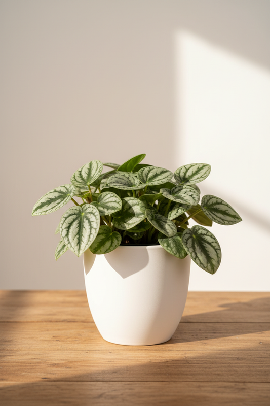 Peperomia Marble plant in a white nursery pot with thick heart-shaped leaves in beautiful silver-grey and green marbled patterns on a natural wood surface in soft natural light