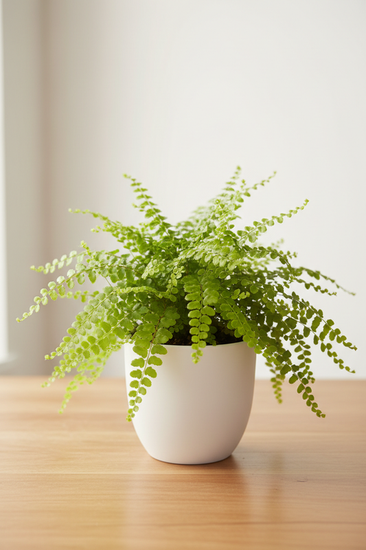 Lemon Button fern in a white nursery pot with delicate arching fronds lined with tiny rounded bright green button-like leaflets on a wood surface in natural light
