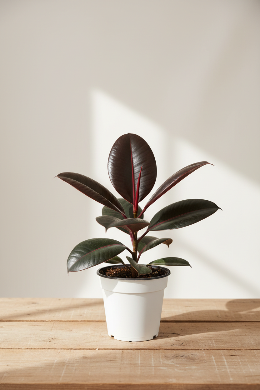 Ficus Elastica Burgundy rubber plant in a white nursery pot with large thick glossy deep burgundy-maroon leaves with a dark red midrib on a wood surface in natural light