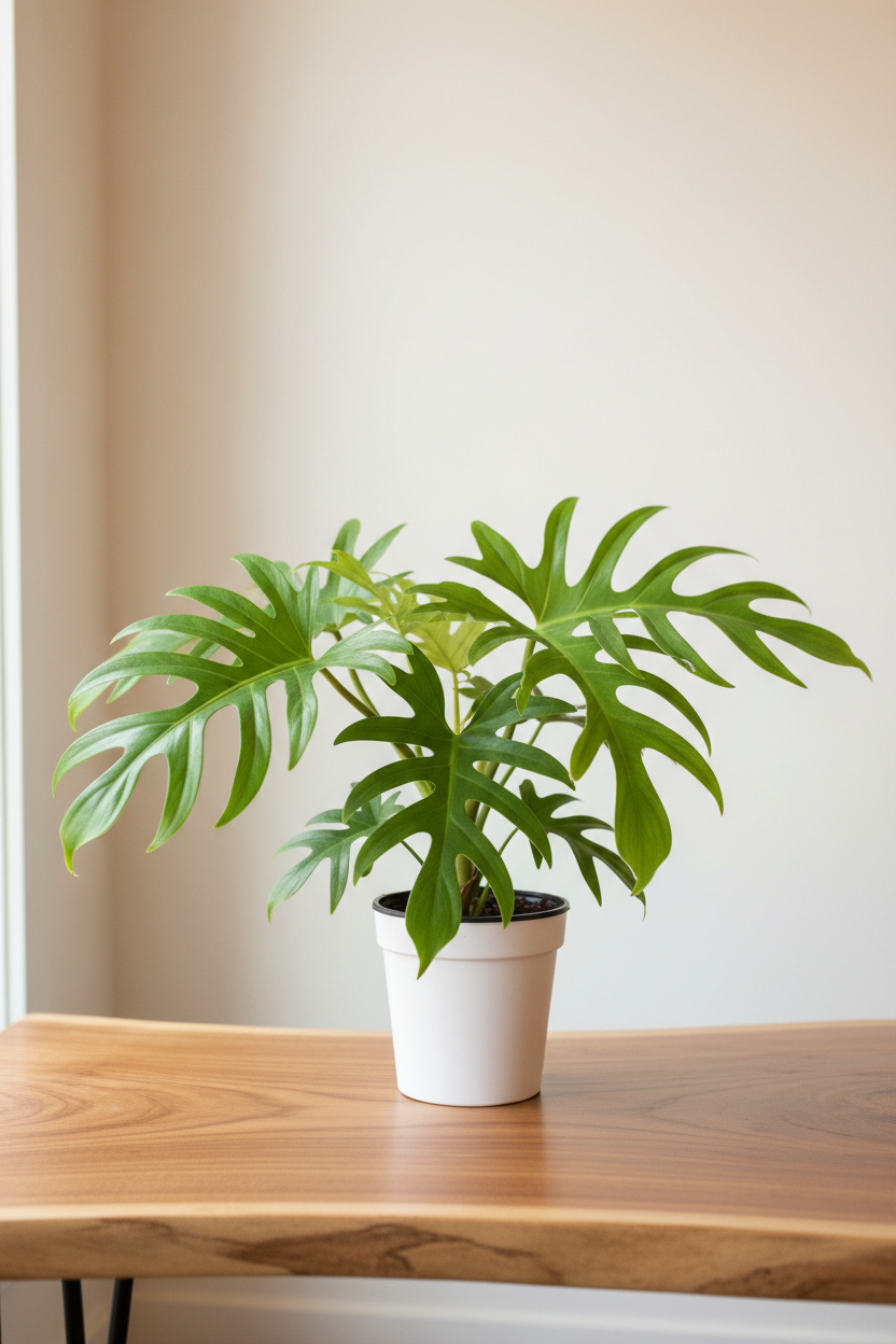 Philodendron Lickety Split in a white nursery pot with large deeply divided finger-like lobed bright green leaves fanning outward dramatically on a wood surface in natural light