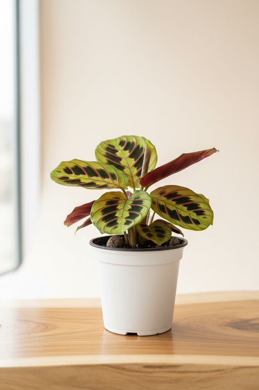 Maranta Red Prayer Plant in a white nursery pot with oval leaves featuring bold red herringbone veins on bright green with dark green spots and purple-red undersides on a wood surface