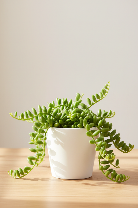 Peperomia Green Bean in a white nursery pot with small round plump glossy bright green bean-like leaves on slender trailing stems on a natural wood surface in soft natural light