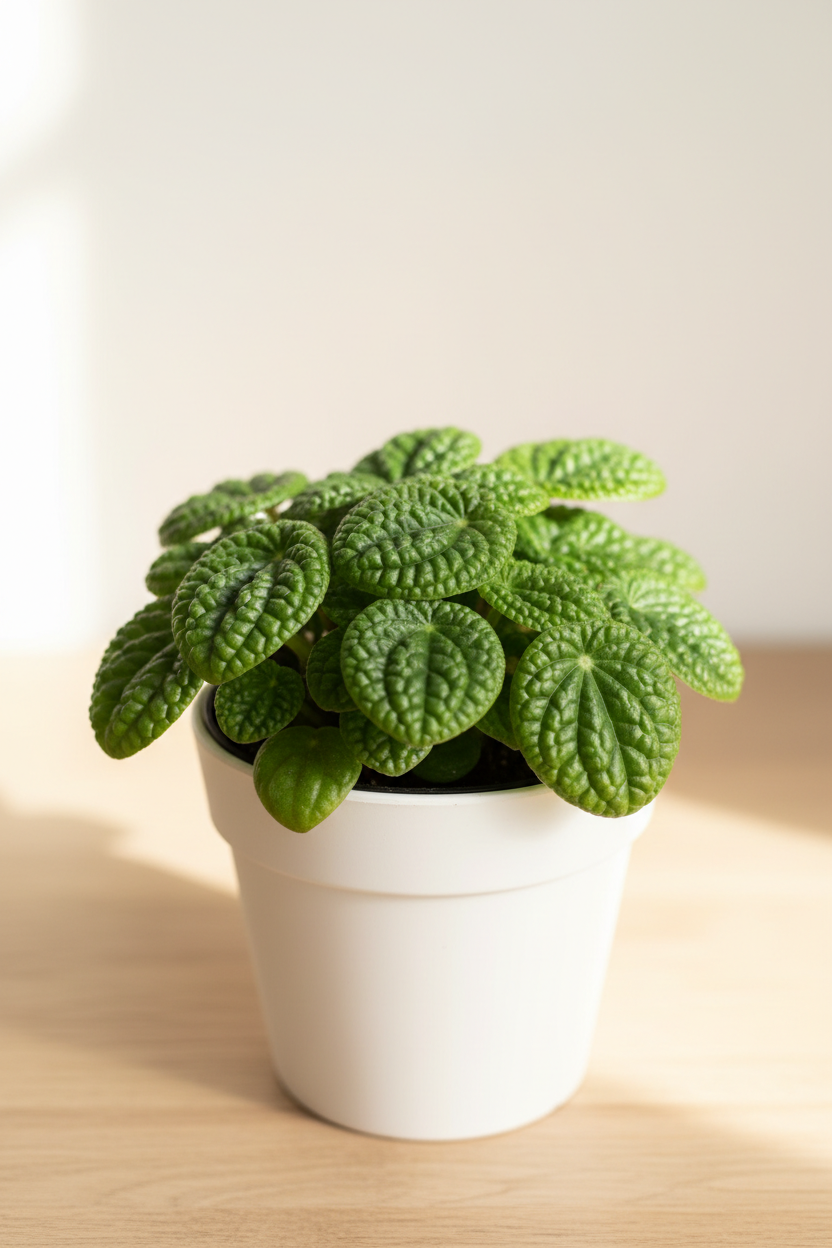 Peperomia Rana Verde in a white nursery pot with compact rosette of deeply corrugated quilted bright green oval leaves on a natural wood surface in soft natural light