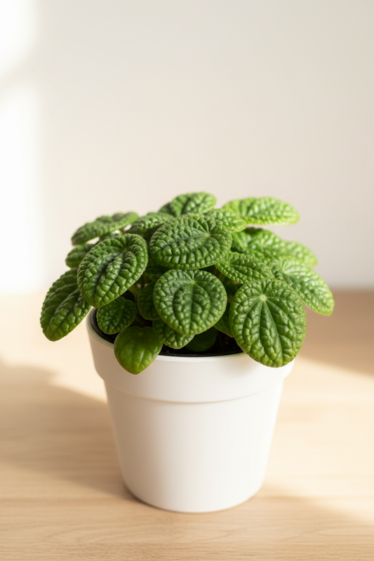 Peperomia Rana Verde in a white nursery pot with compact rosette of deeply corrugated quilted bright green oval leaves on a natural wood surface in soft natural light