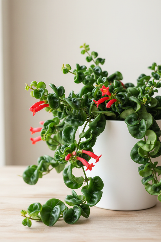 Curly Lipstick Plant in a white nursery pot with uniquely curled and twisted waxy dark green leaves and vivid red tubular flowers on cascading vines on a wood surface in natural light