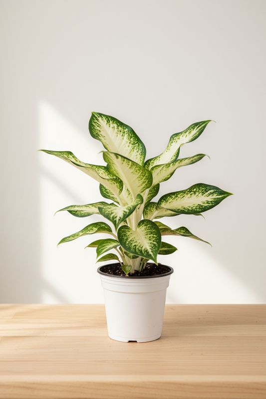 Dieffenbachia Camille in a white nursery pot with broad creamy ivory-white leaves and rich green margins on a natural wood surface in soft natural light