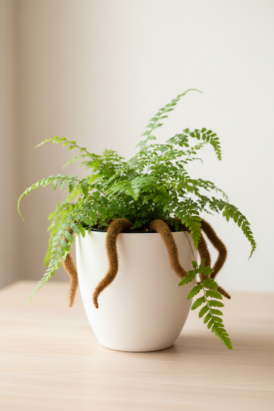 Rabbit's Foot fern in a white nursery pot with lacy bright green fronds and distinctive fuzzy silver-brown rhizomes creeping over the pot edge on a wood surface in natural light