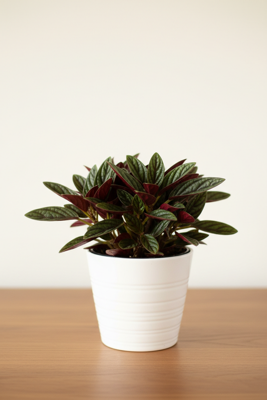 Peperomia Rosso in a white nursery pot with compact rosette of narrow deeply ridged dark green leaves with vivid deep red-burgundy undersides on a natural wood surface in soft natural light