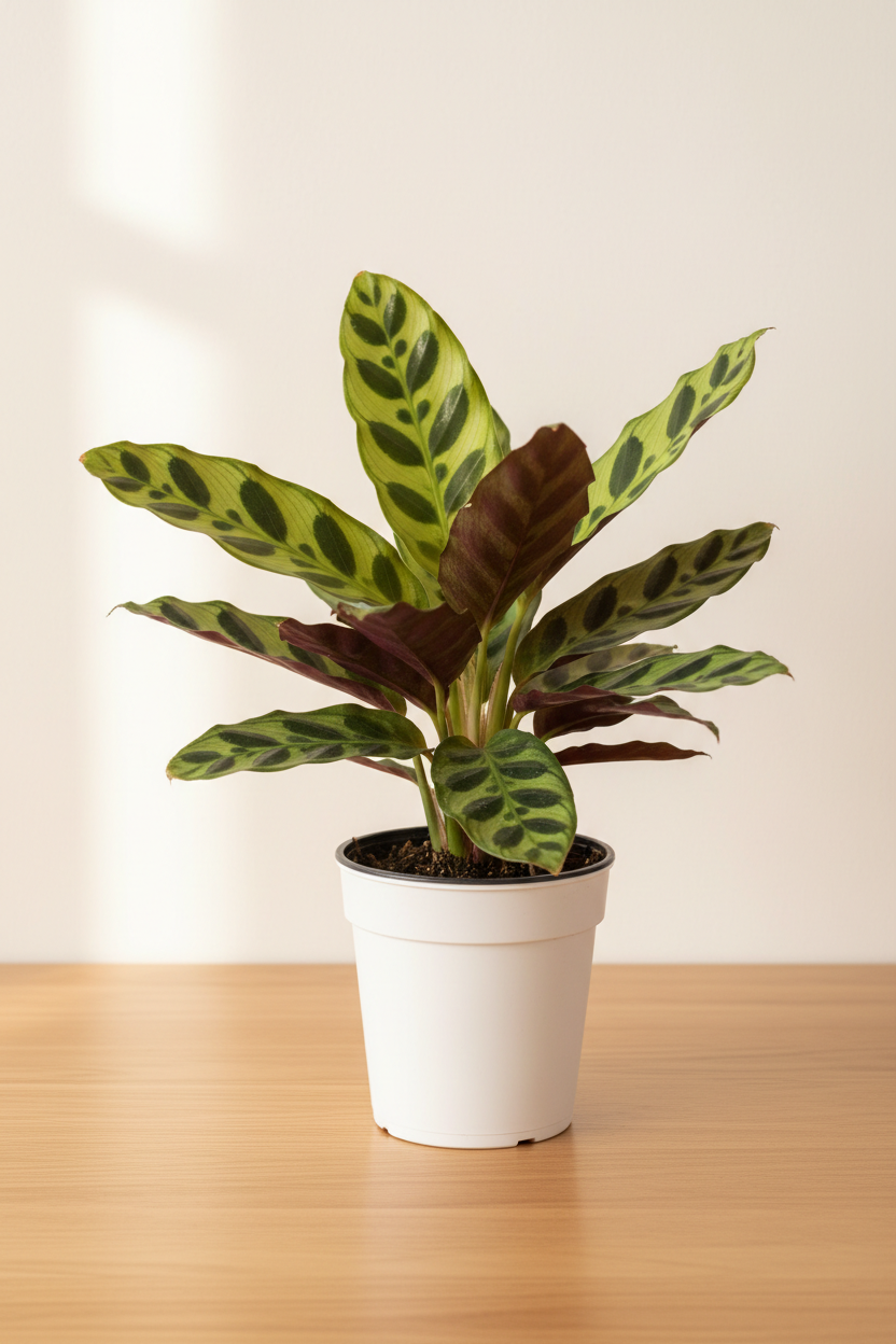 Calathea Lancifolia Rattlesnake 6-inch nursery pot with wavy green leaves and dark oval markings, styled on a wood surface in natural light
