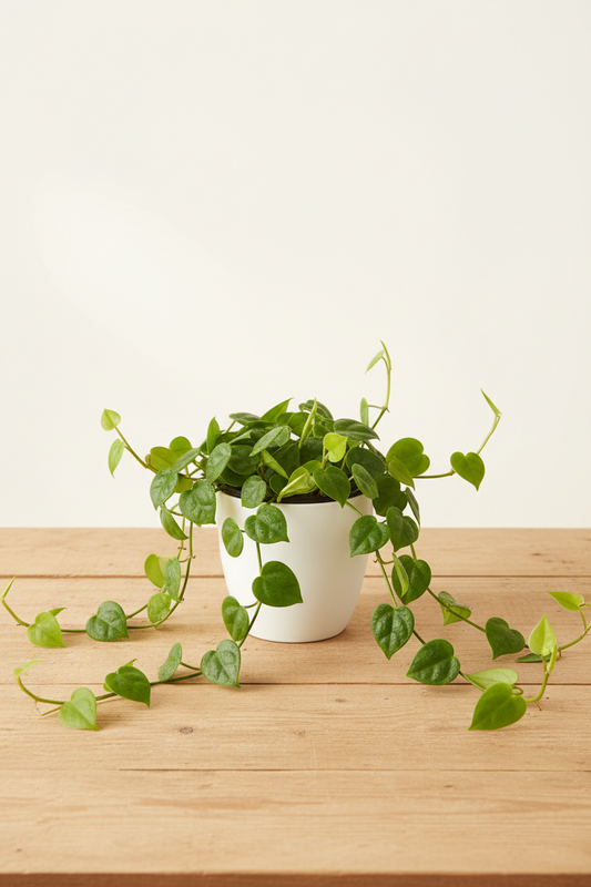 Philodendron Cordatum Heartleaf in a white nursery pot with trailing vines of small glossy heart-shaped bright green leaves on a natural wood surface in soft natural light