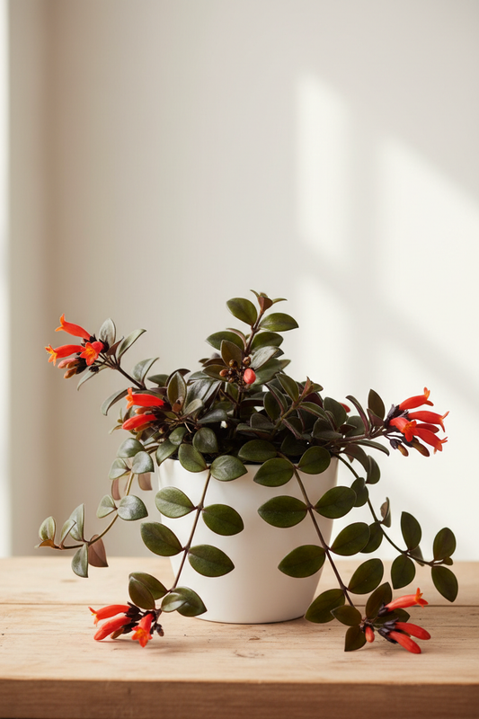 Lipstick Black Pagoda plant in a white nursery pot with thick dark olive-green mottled leaves with purple undersides and orange-red tubular flowers on a wood surface in natural light