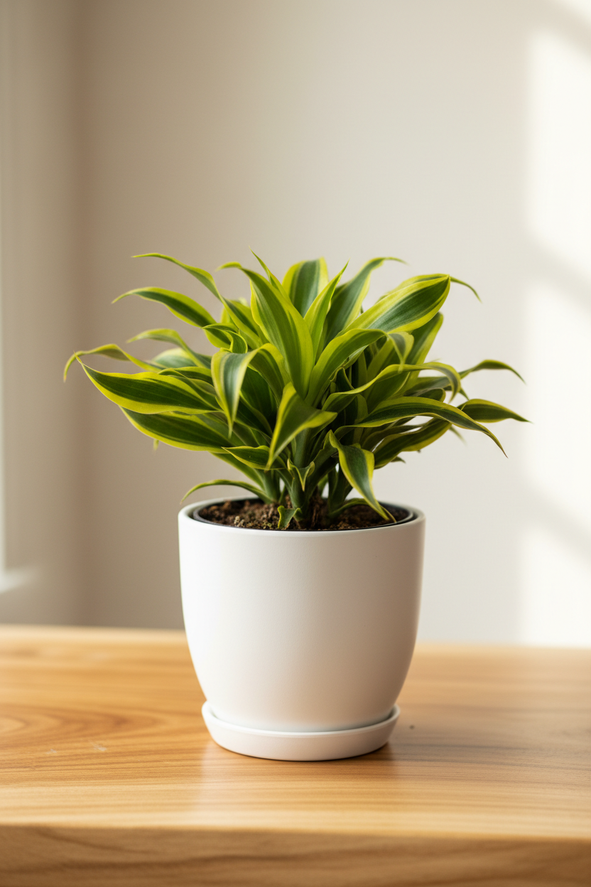 Dracaena Song of India in a white nursery pot with arching narrow leaves featuring bright yellow-green edges and dark green centers on a wood surface
