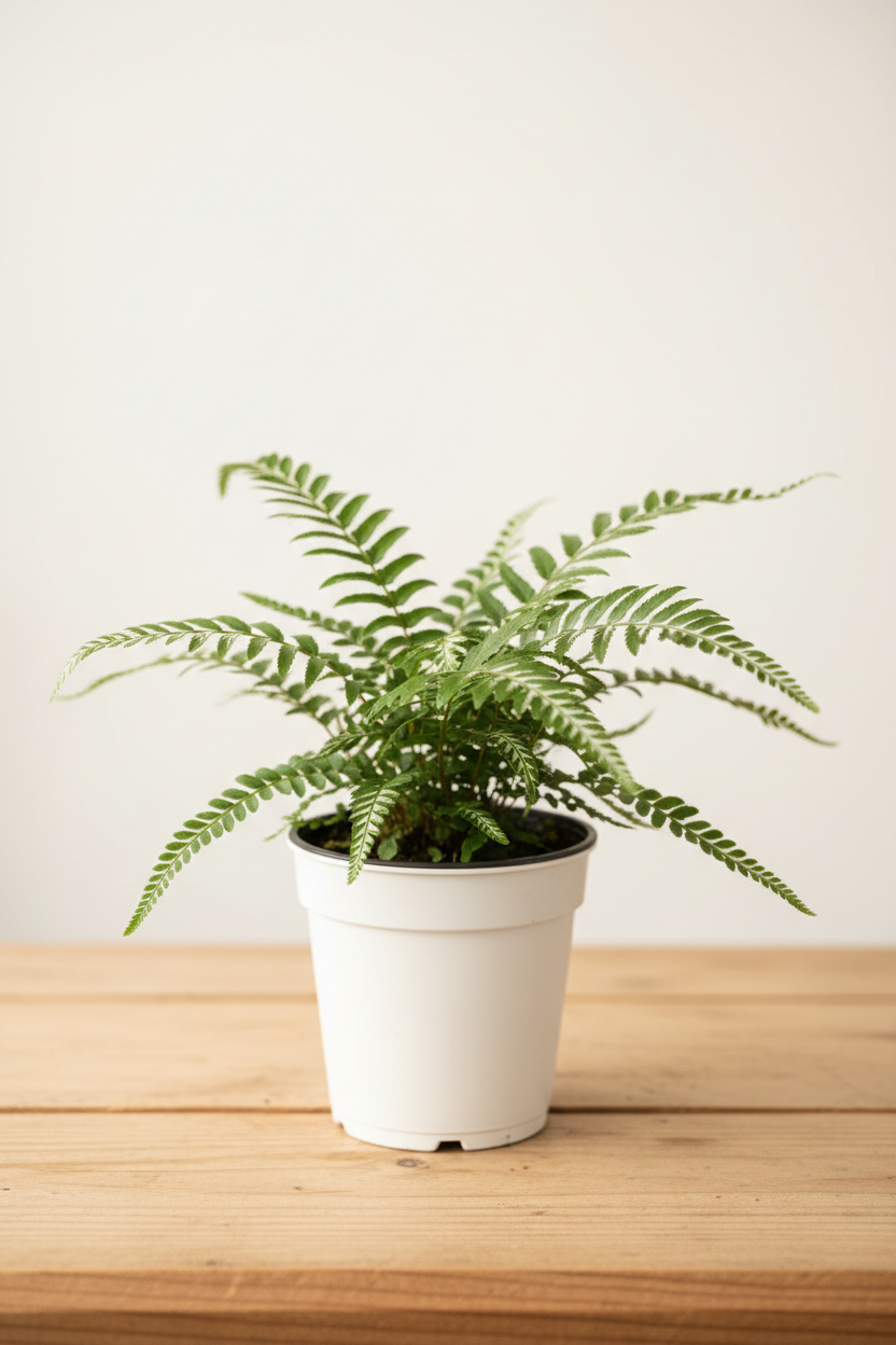 Pteris Cretica Albo fern in a white nursery pot with delicate arching fronds featuring a crisp white stripe on each leaflet against rich green, on a wood surface in natural light