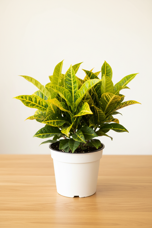 Croton Sunny Star in a white nursery pot with compact glossy leaves in vivid lime green, bright yellow and deep green variegation on a natural wood surface in soft natural light
