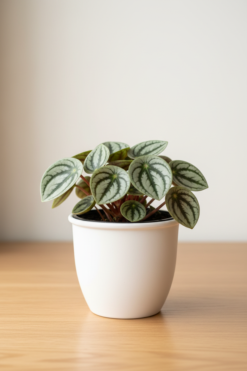 Peperomia Watermelon in a white nursery pot with round thick leaves featuring alternating silver and dark green watermelon-rind stripe patterns on rosy-red stems on a wood surface in natural light