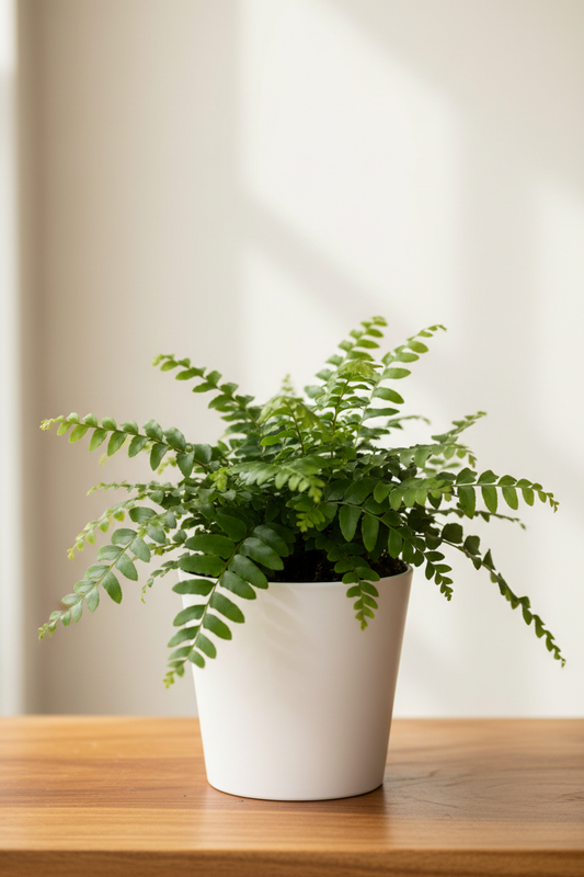 Austral Gem fern in a white nursery pot with glossy leathery dark green compact mounding fronds on a natural wood surface in soft natural light