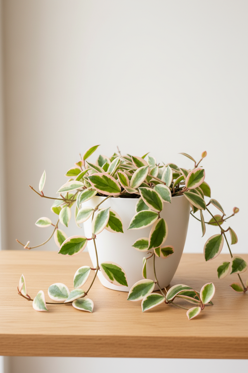 Hoya Carnosa Tricolor variegated wax plant in a white nursery pot with thick waxy oval leaves in soft pink cream and green variegation on a wood surface in natural light