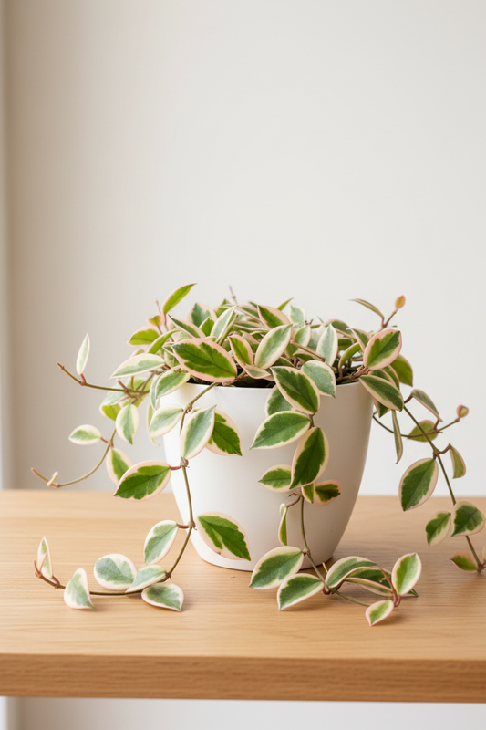 Hoya Carnosa Tricolor variegated wax plant in a white nursery pot with thick waxy oval leaves in soft pink cream and green variegation on a wood surface in natural light