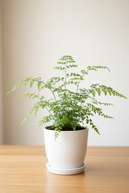 Maidenhair fern in a white nursery pot with delicate airy fan-shaped bright green leaflets on wiry black stems on a natural wood surface in soft natural light