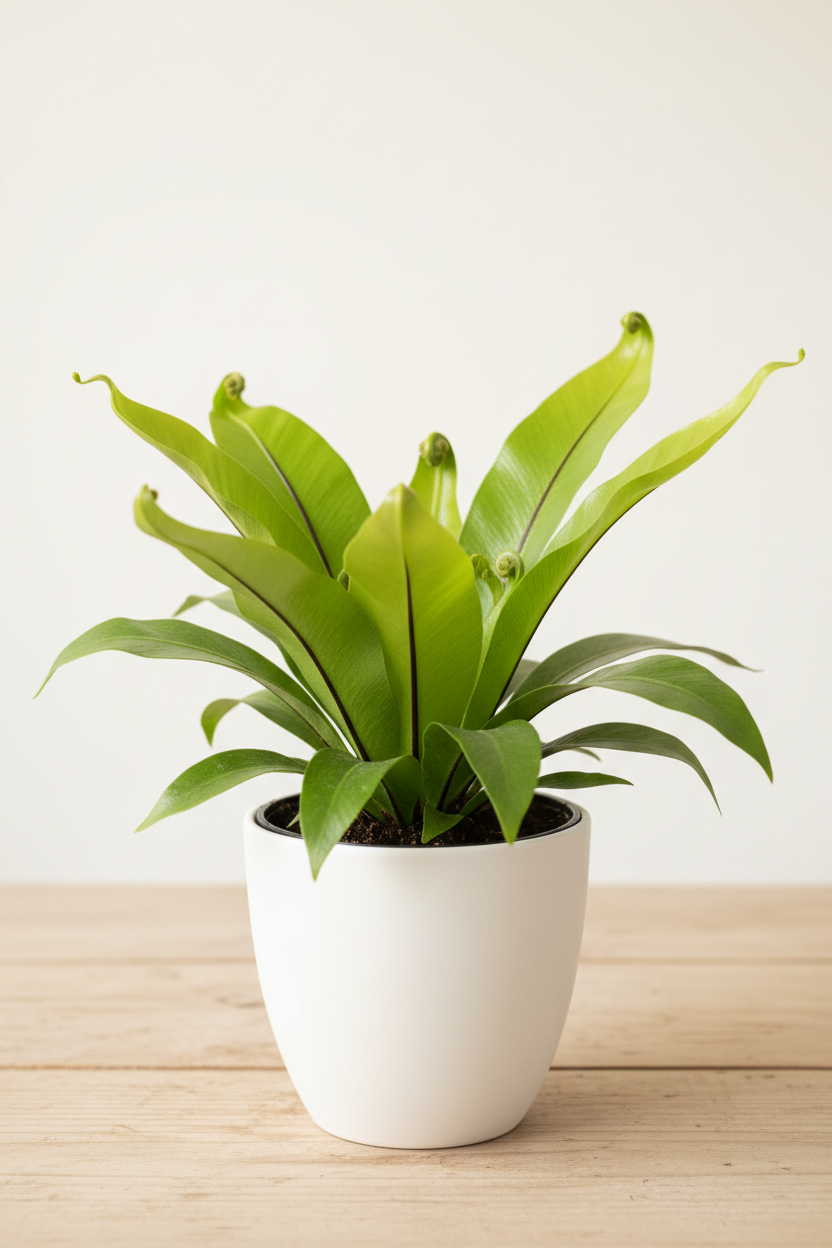 Bird's Nest Nidus fern in a white nursery pot with broad glossy apple-green fronds in a spiral rosette with dark midrib on a wood surface in natural light
