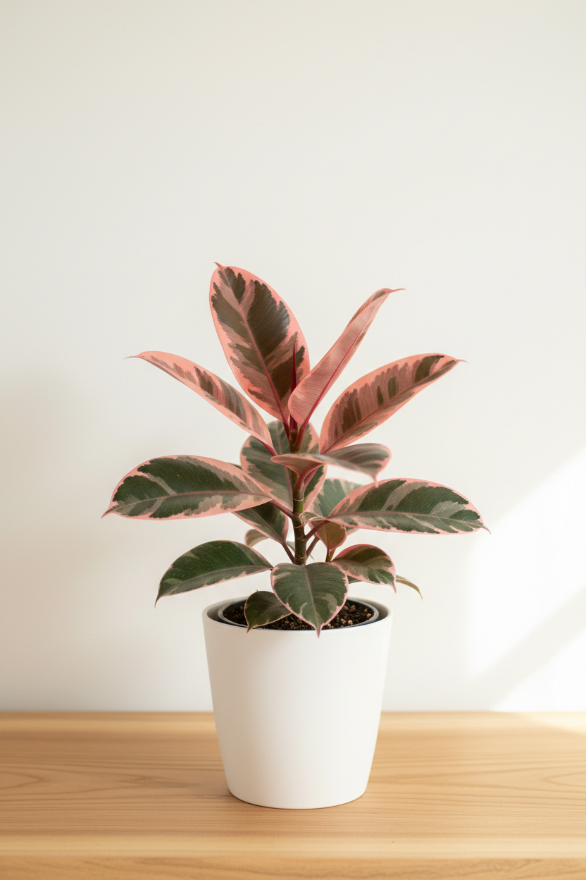 Ficus Elastica Ruby Pink rubber plant in a white nursery pot with large glossy leaves featuring stunning pink, cream and green variegation on a wood surface in natural light