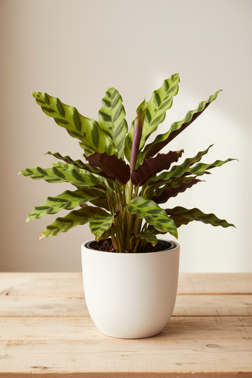 Calathea Lancifolia Rattlesnake plant in a white nursery pot with long narrow wavy-edged leaves featuring dark green spot patterns on light green with purple undersides on a wood surface