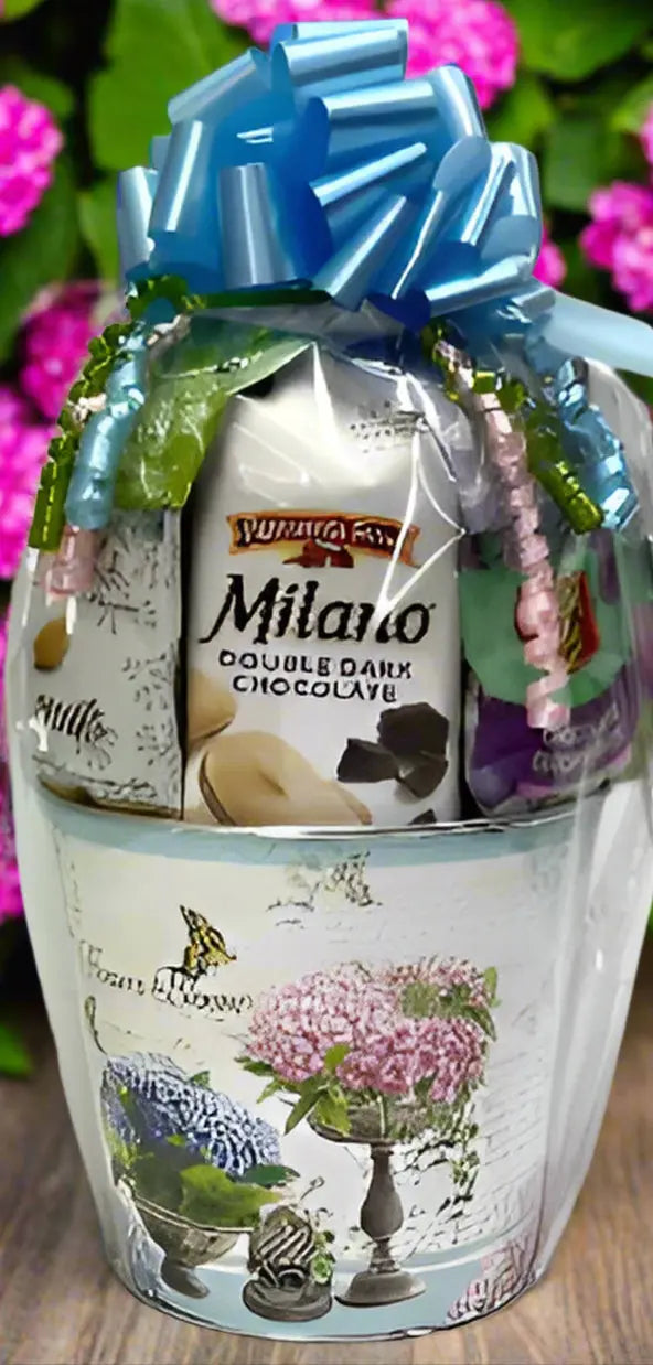 Jenny's Floral Gift Basket - Lavender Metal Basket with Gourmet Treats