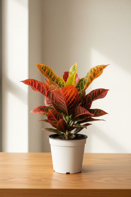 Croton Petra Joseph's Coat in a white nursery pot with bold broad leaves splashed in vivid red, orange, yellow and green variegation on a natural wood surface in soft natural light