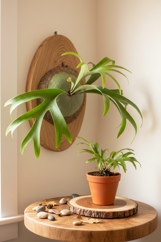Staghorn fern with dramatic antler-like bright green fertile fronds and flat shield fronds mounted on a wooden plaque on a natural wood surface in soft natural light